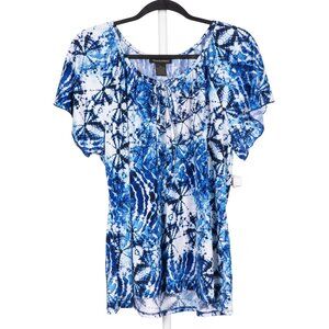Susan Lawrence Blouse XL Womens Blue White Tie Dye Short Sleeve Shirt